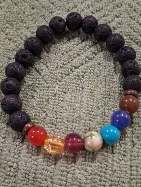 Multi-Color Beaded Lava Stone Bracelet - Black with Rainbow Accent Beads Stretch